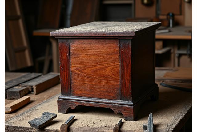 Antiek houten meubelstuk in een werkplaats, getoond tijdens restauratie met gereedschap.