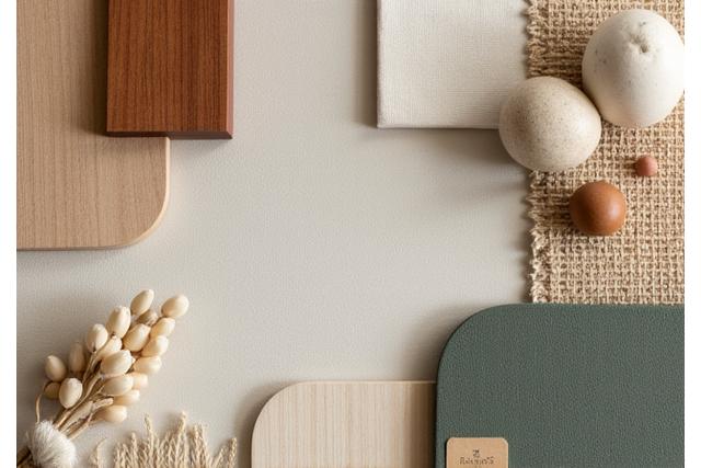 Close-up van diverse natuurlijke, onbewerkte materialen zoals hout, linnen en steen, symbool voor duurzame sourcing.