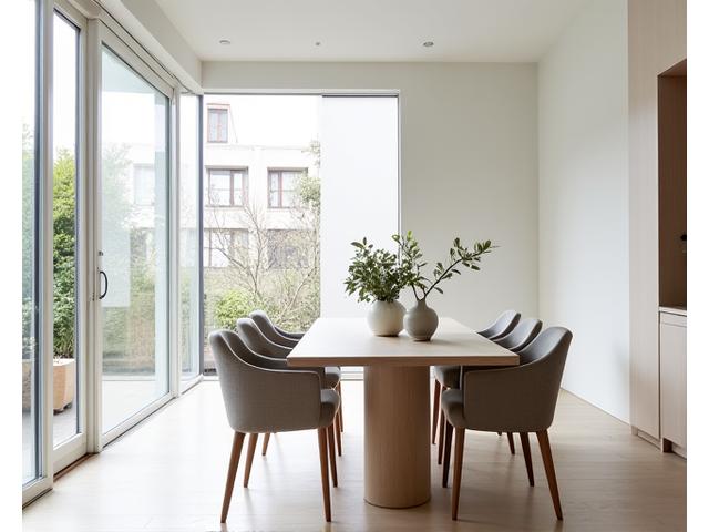 Lichtovergoten eetkamer met op maat gemaakte eettafel en stoelen in minimalistische stijl