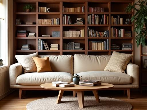 Handgemaakte, op maat gemaakte boekenkast met geïntegreerde zitplaats