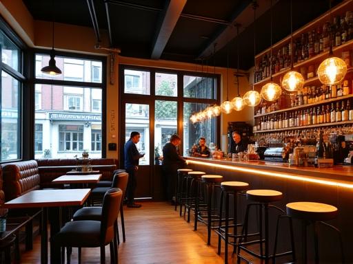 Modern café interieur met industriële meubels en warme sfeerverlichting