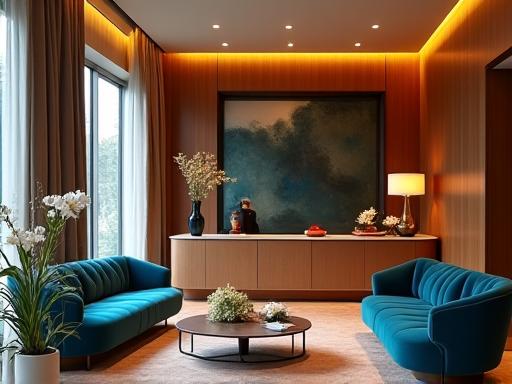 Luxe hotellobby met op maat gemaakte receptiebalie en zitmeubelen