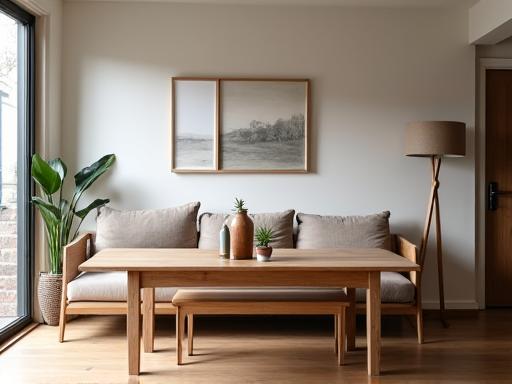 Minimalistische woonkamer met op maat gemaakte houten meubels